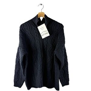Aran Crafts Ireland 100% Merino Wool Cable Knit Mock Neck Sweater Black New